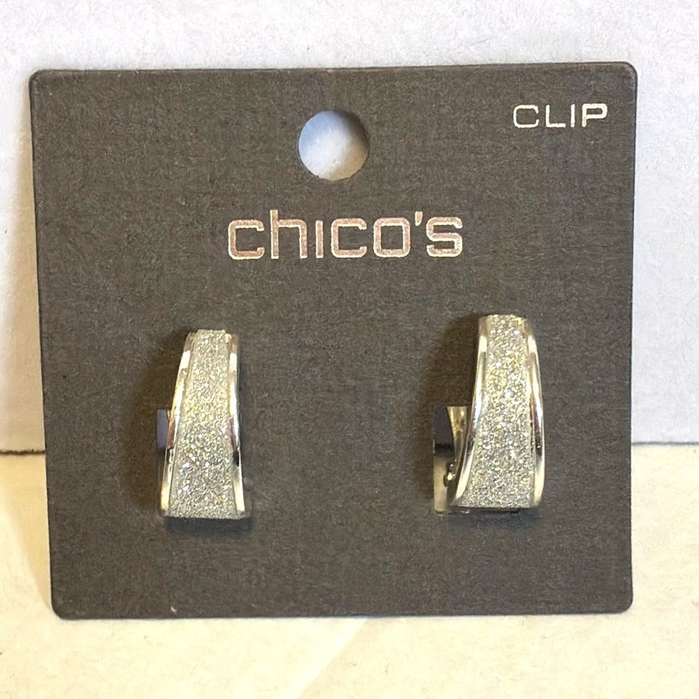 Chico's Silver Tone Glitter Inlay Clip On J-Hoop Earrings New Shimmer Sparkle